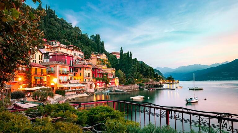 Varenna old town - scenic sunset view in Como lake, Italy.